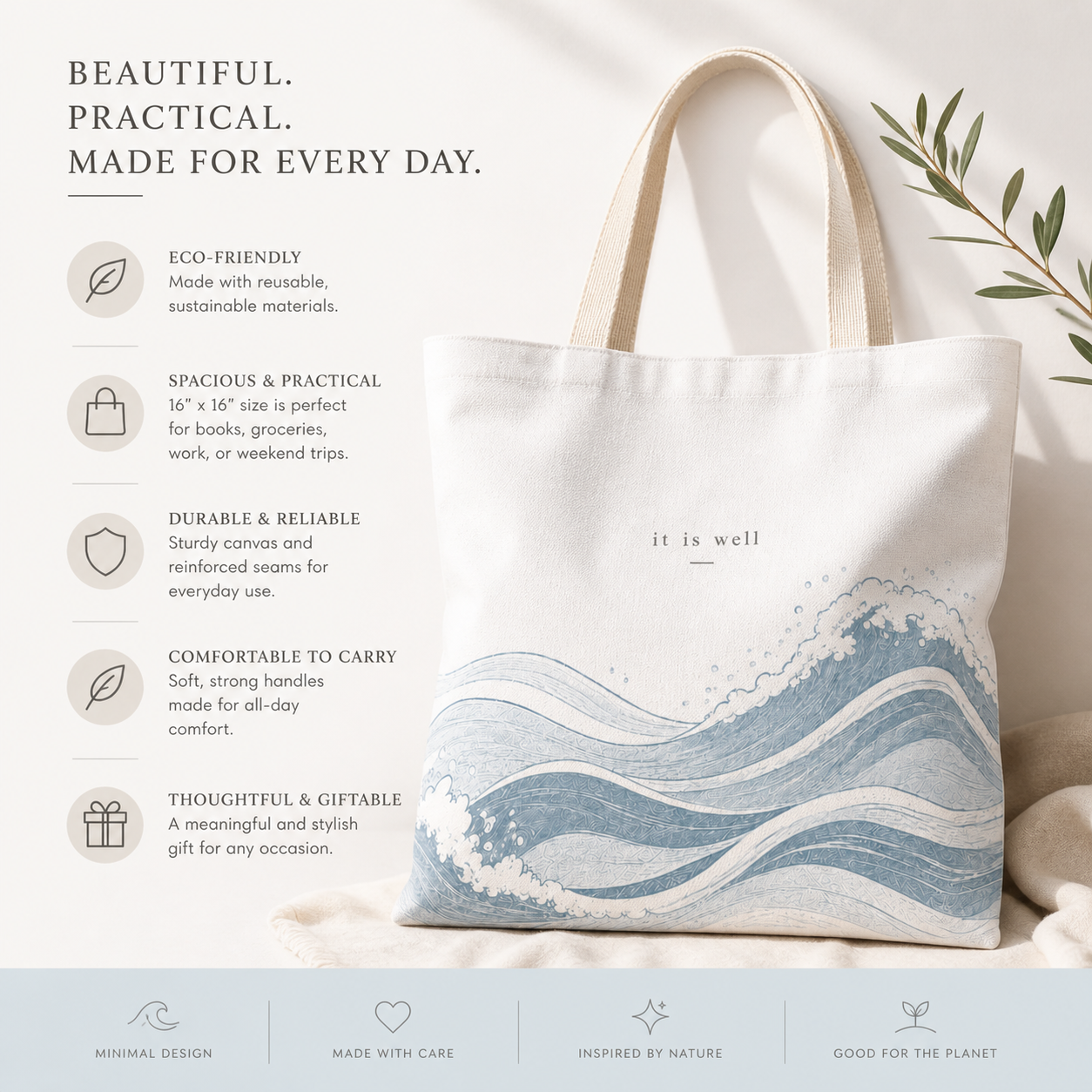 Tote bag with wave design and text about its features on a light background