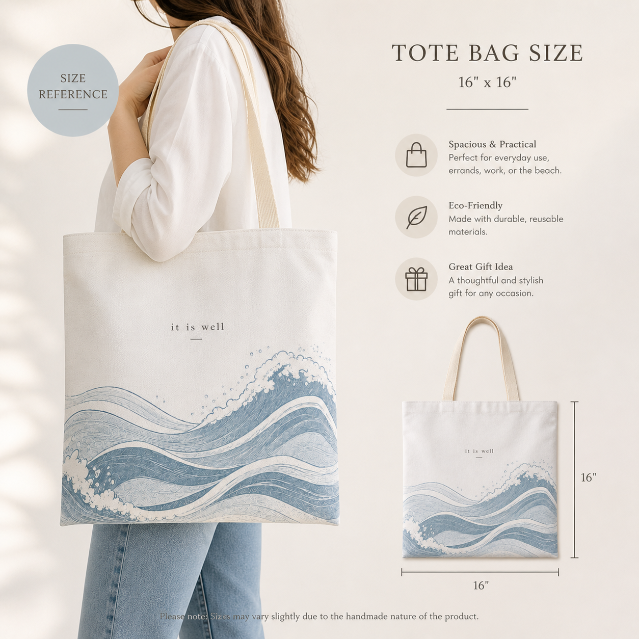 Tote bag with wave design held by a person, size reference included