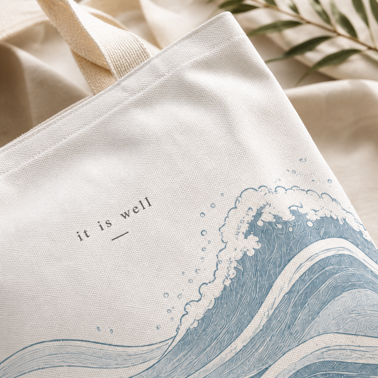 Tote bag with wave design and 'it is well' text on a beige fabric background