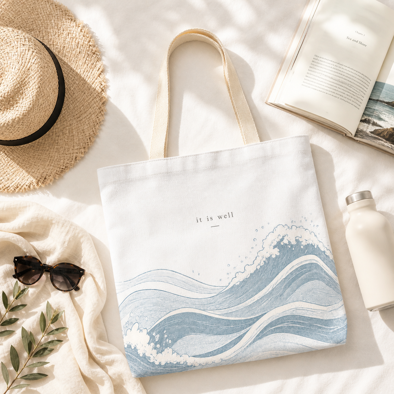 Tote bag with wave design and 'it is well' text, surrounded by a hat, sunglasses, book, and water bottle on a light surface.