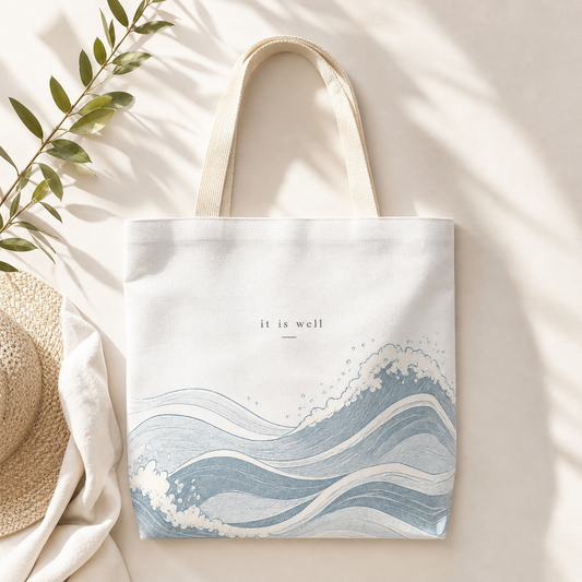 Tote bag with wave design and 'it is well' text on a light background