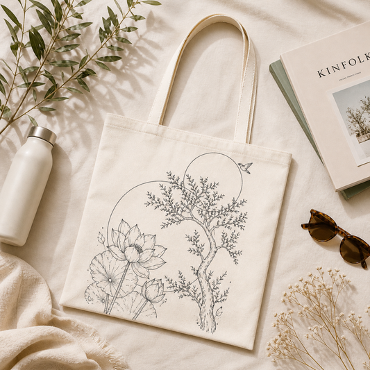 Beige tote bag with nature-themed design, water bottle, book, and sunglasses on a light surface.