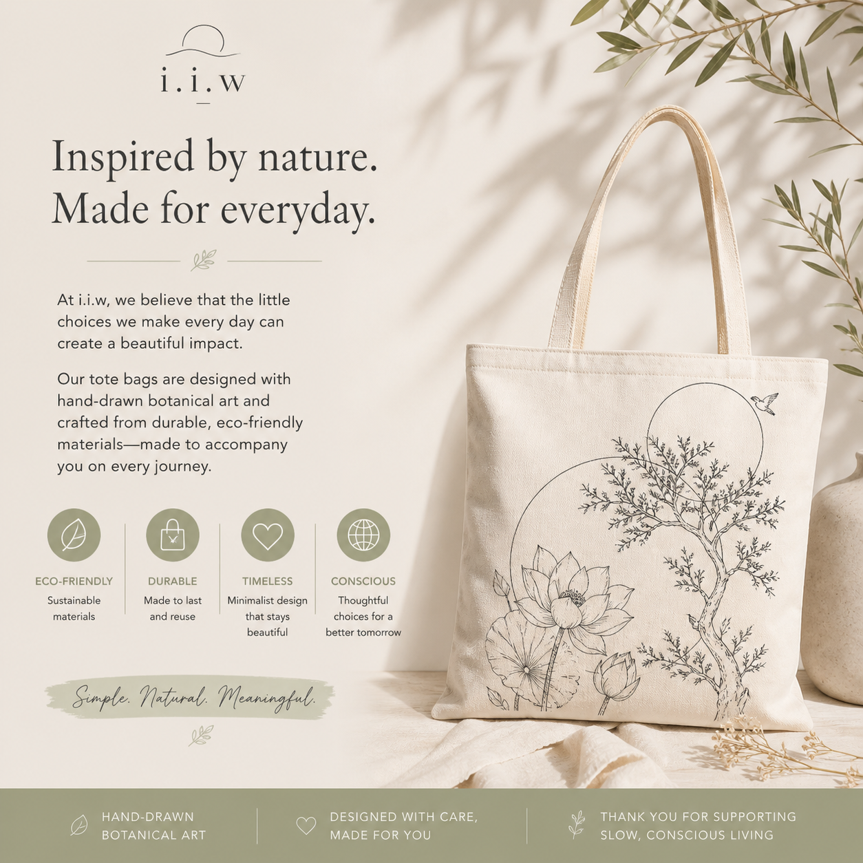 Tote bag with botanical design and brand text 'i.i.w' on a neutral background