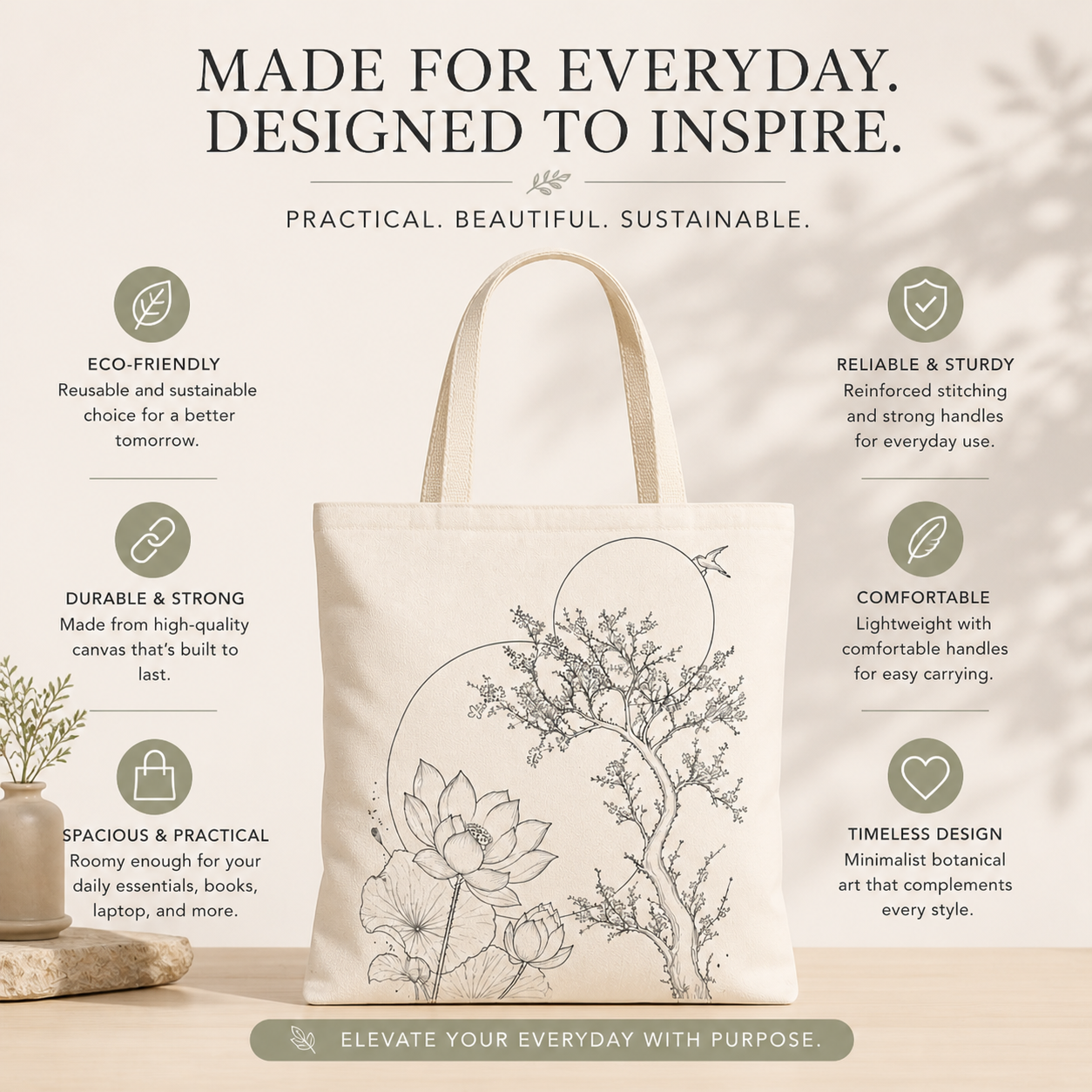 Tote bag with botanical design on a light background with text about sustainability and durability.