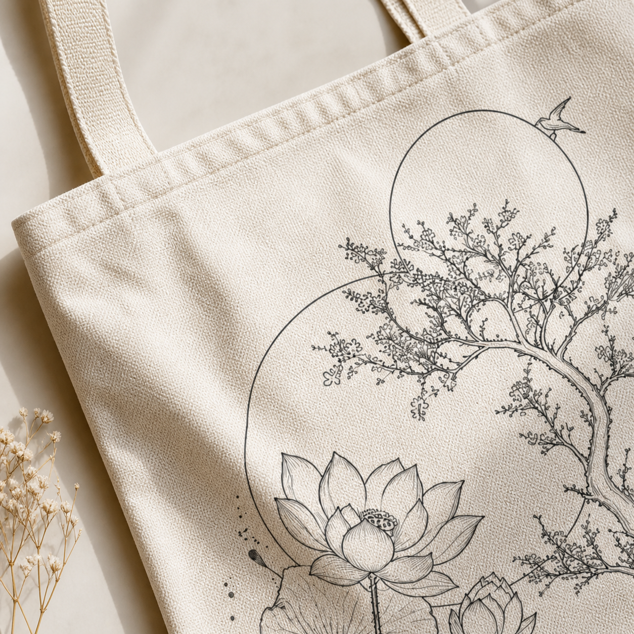 Beige tote bag with black line art of a tree and lotus flower on a light beige background.