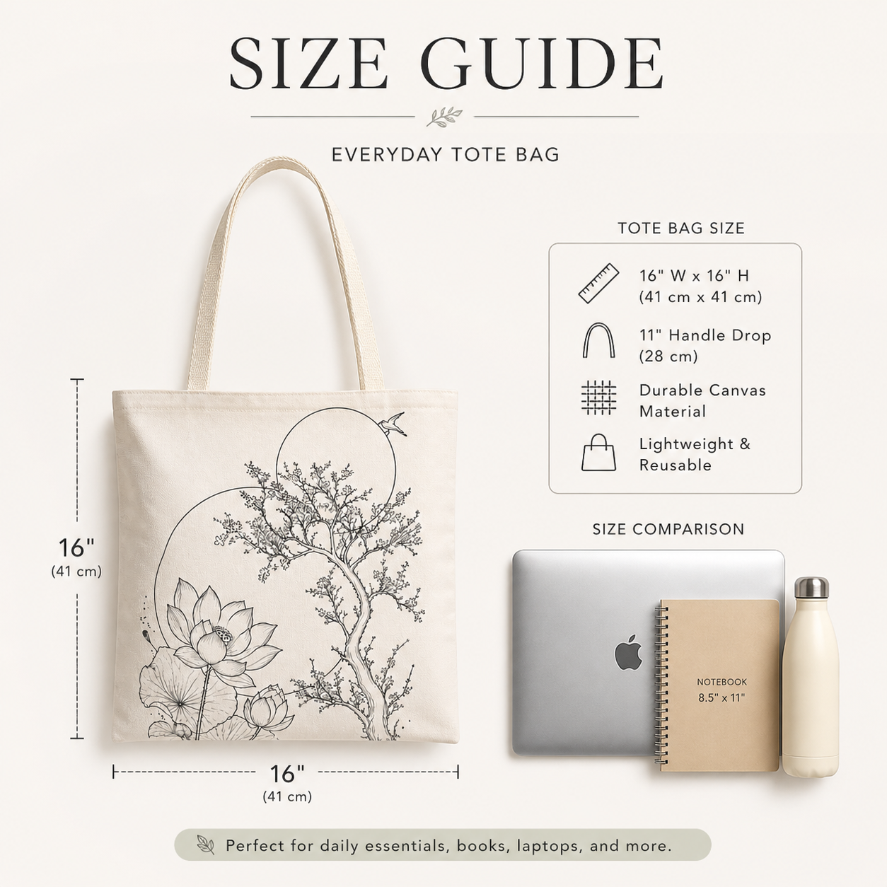 Size guide for an everyday tote bag with dimensions and a tree design.