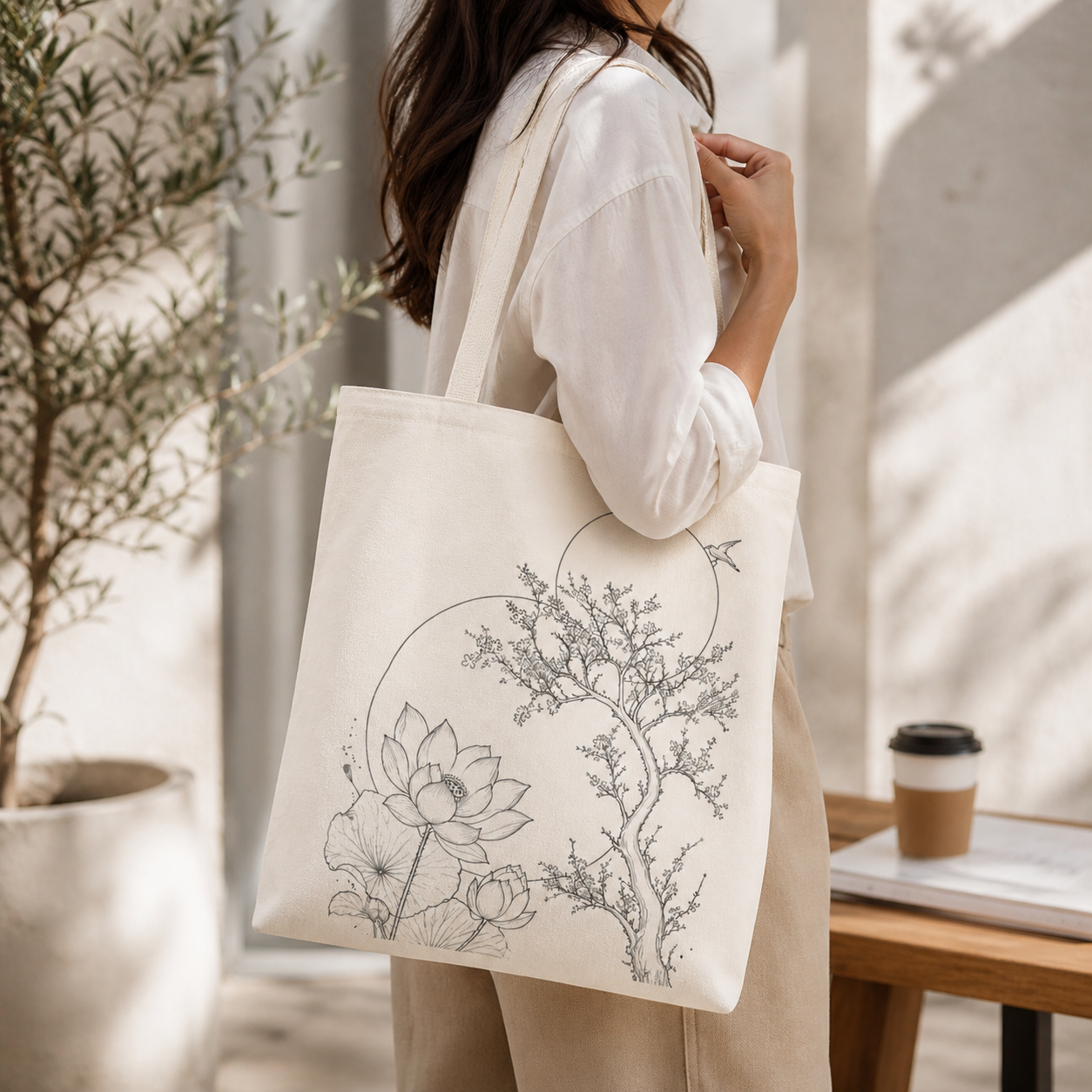 Person holding a tote bag with a floral design in an indoor setting