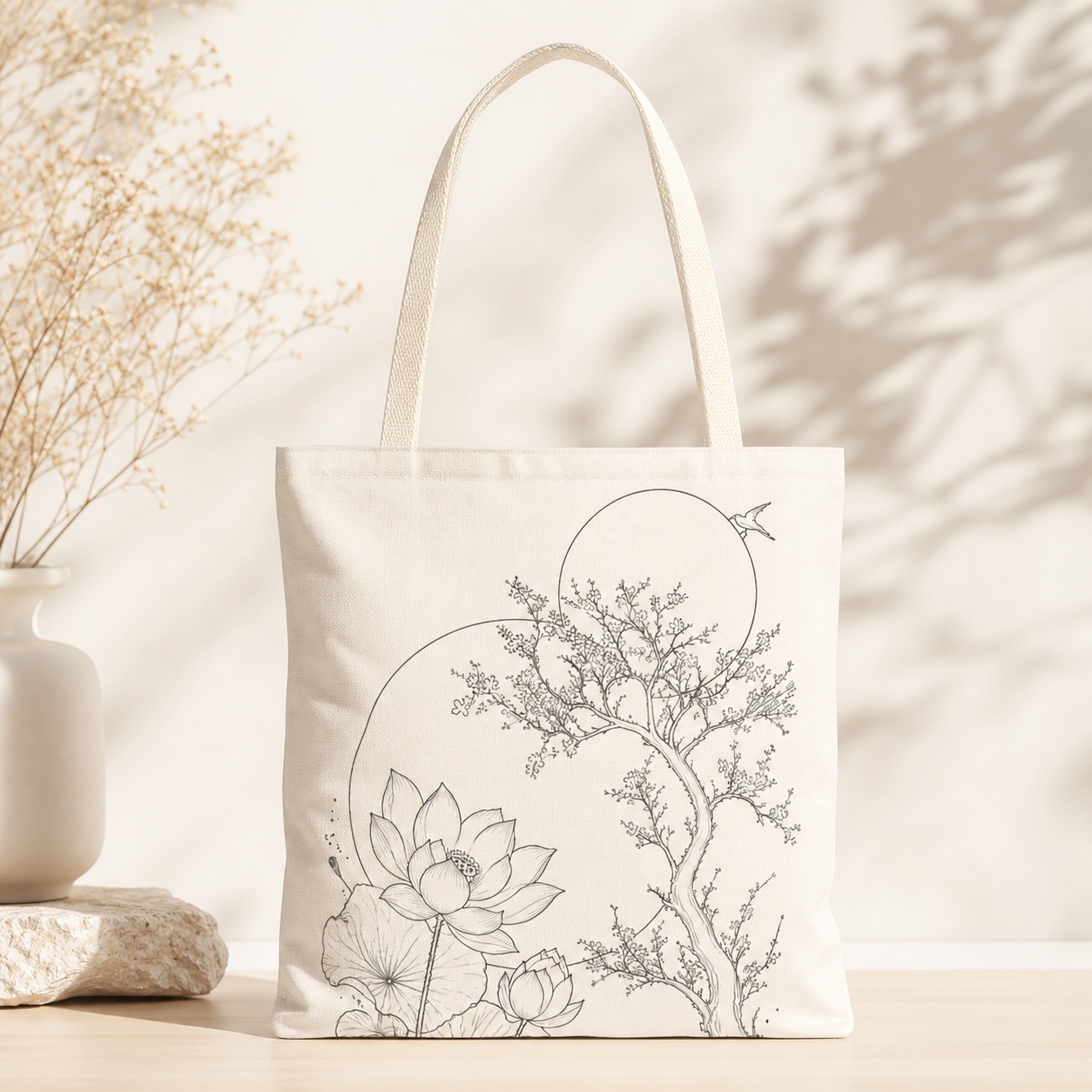 Tote bag with floral design on a neutral background