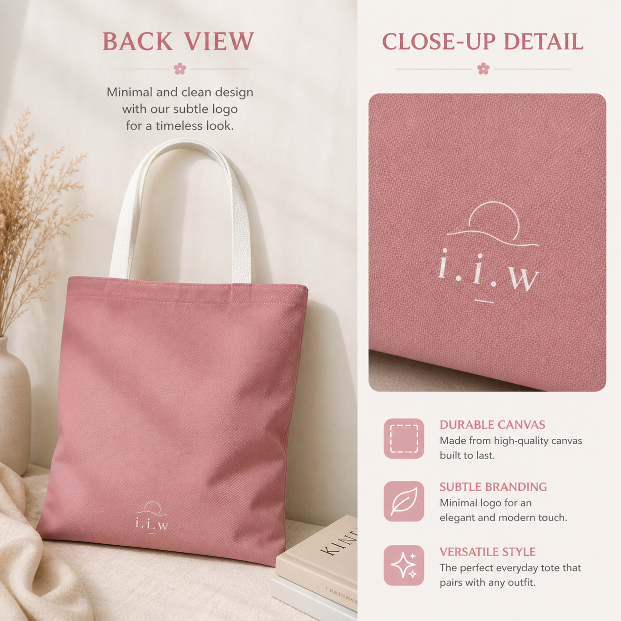 Pink tote bag with 'i.i.w' branding on a neutral background