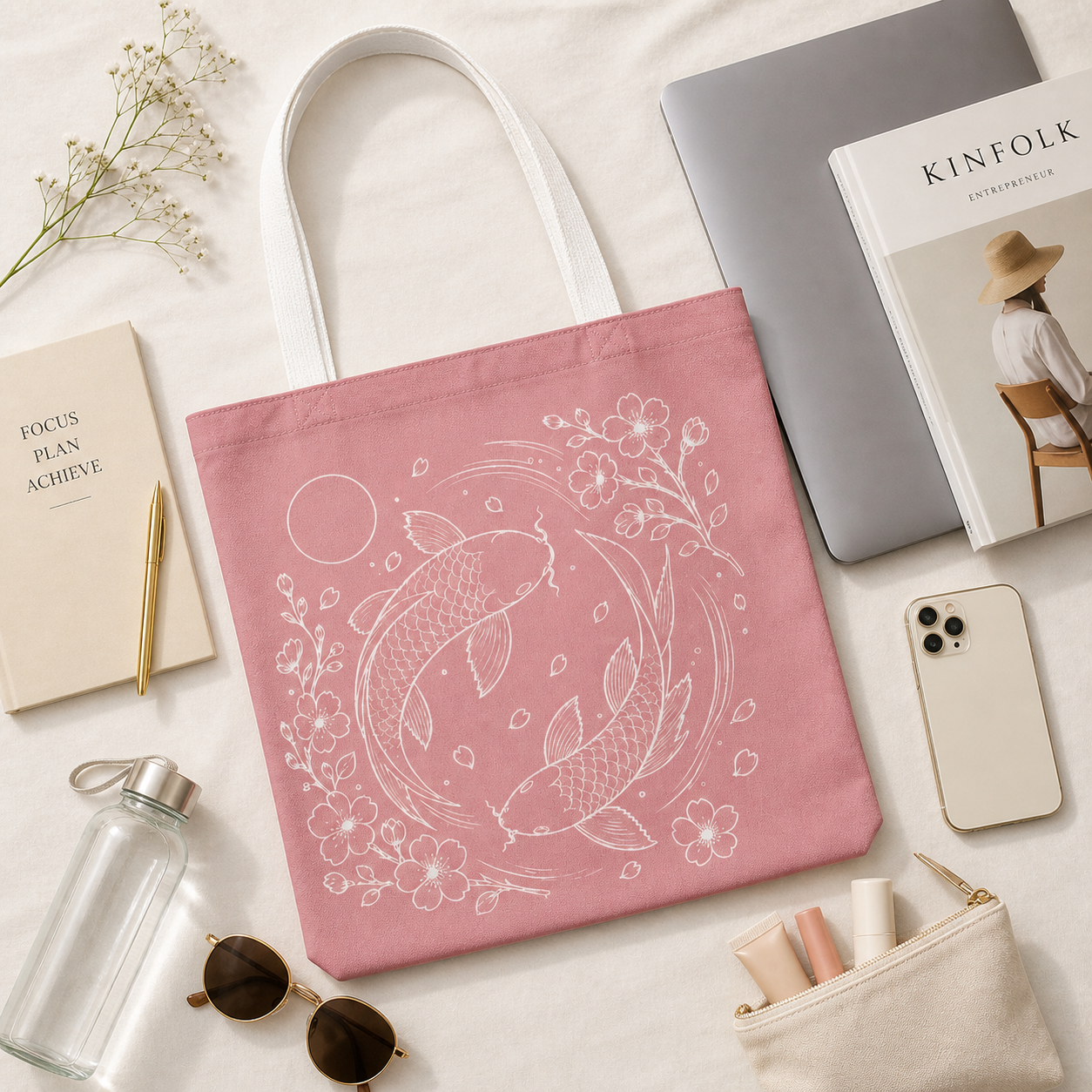 Pink tote bag with fish design on a white surface with books and accessories.