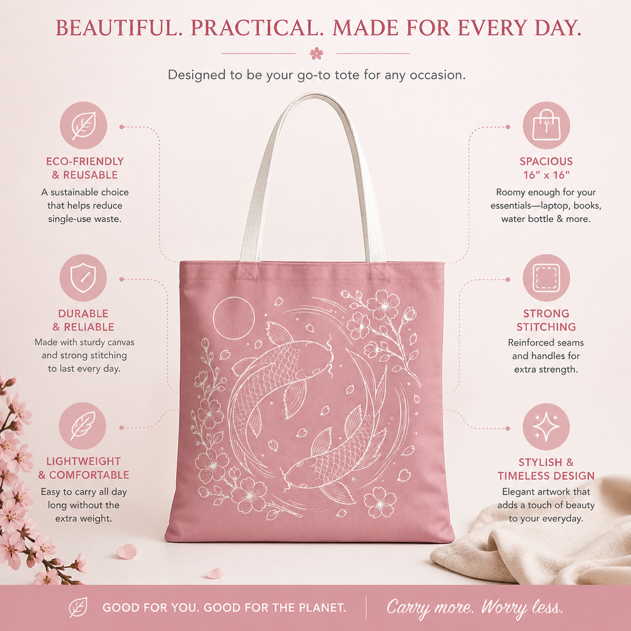 Pink tote bag with fish design and sustainability features on a light pink background