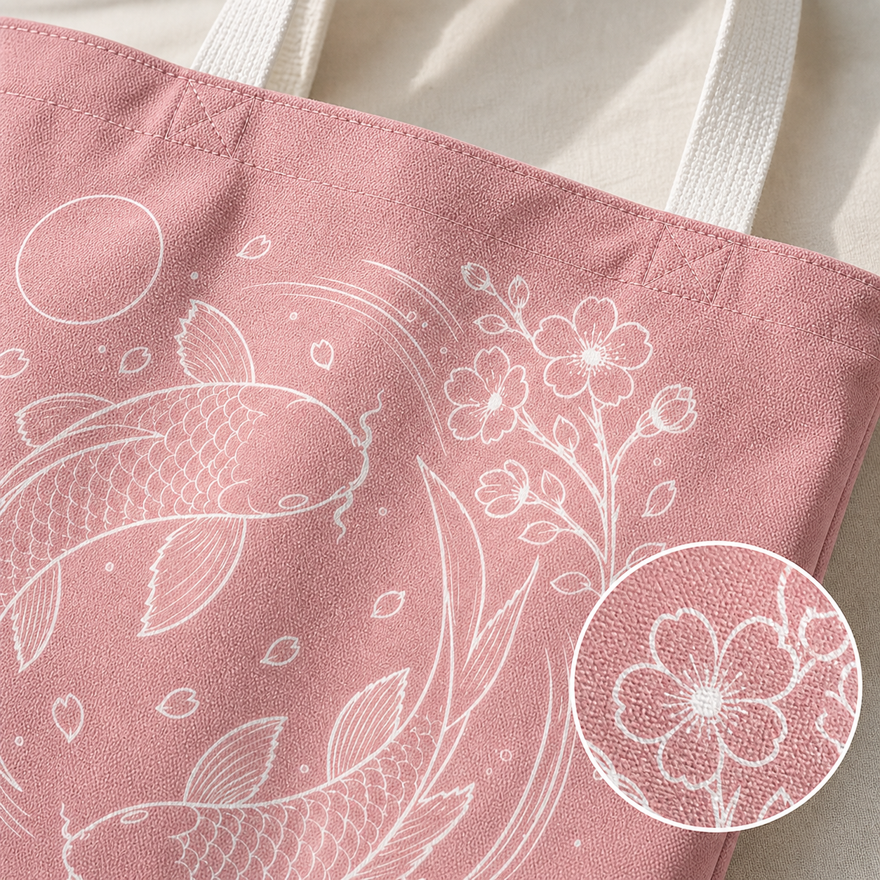Pink tote bag with white floral and fish design on a beige background