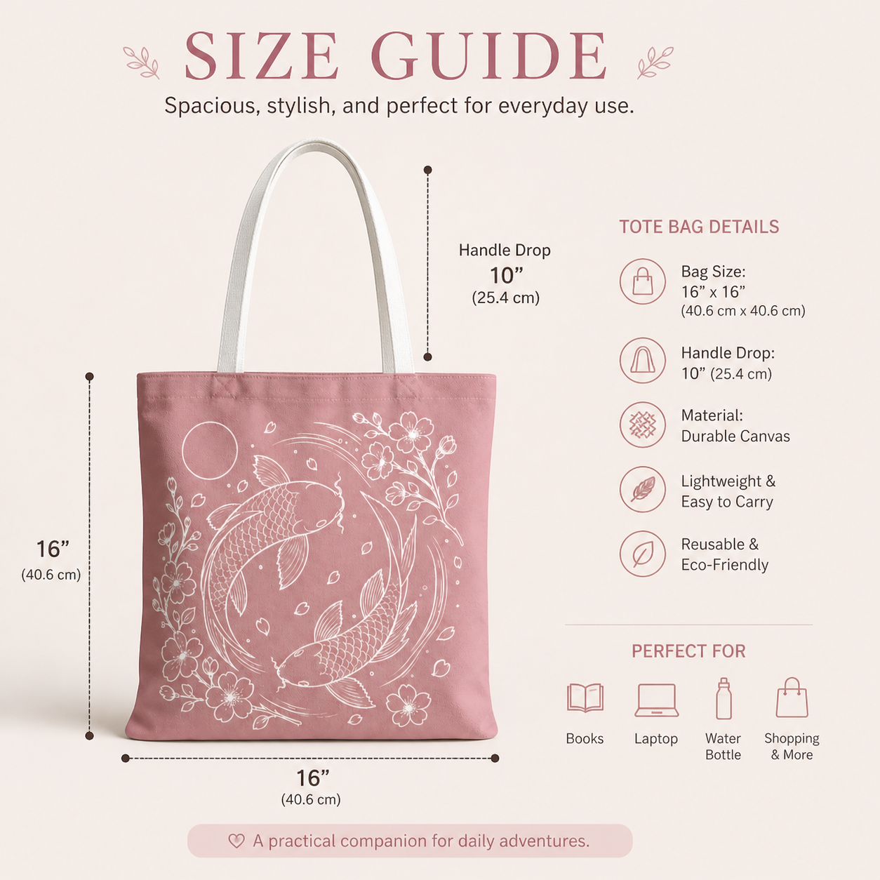 Tote bag with koi fish design and size guide on a white background