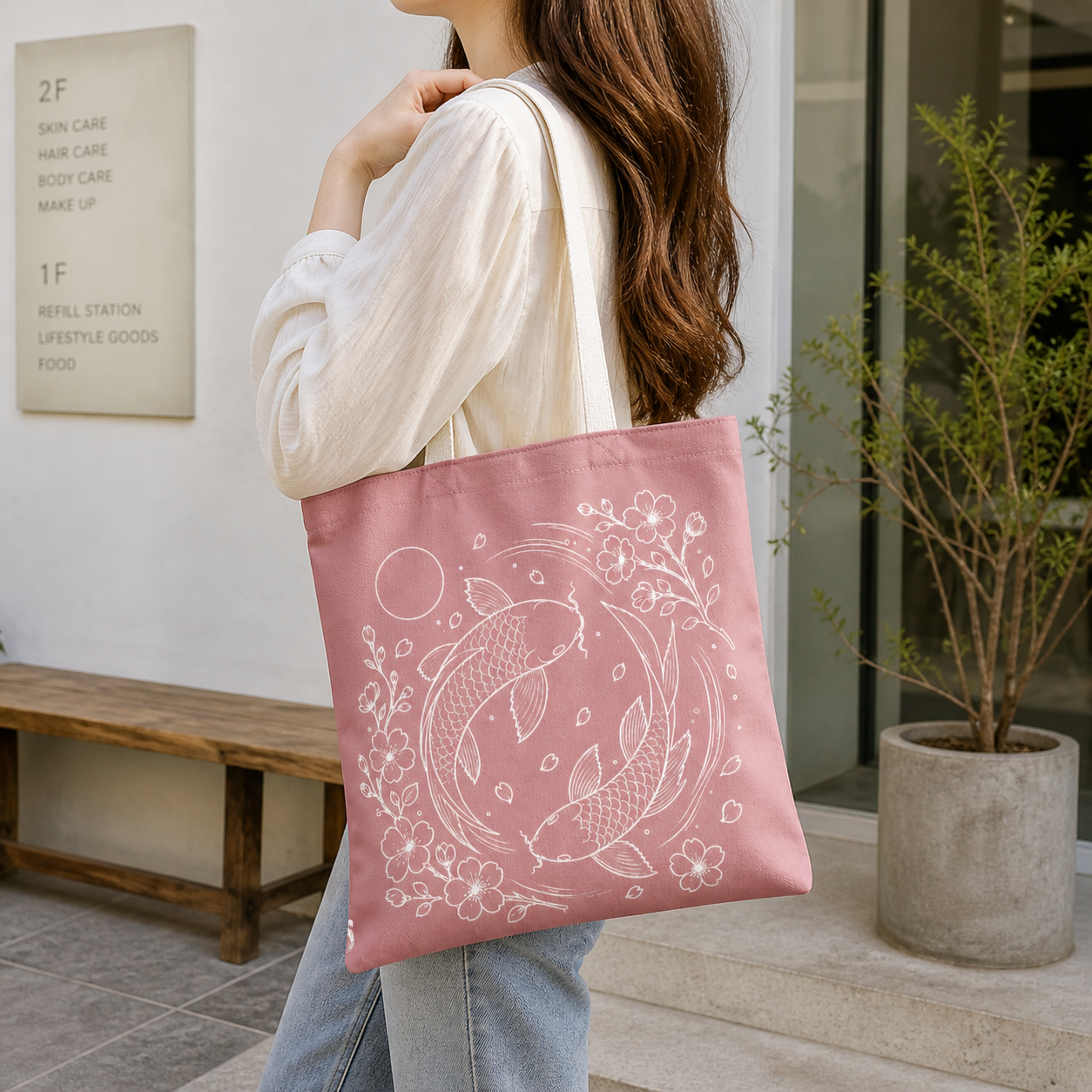 Person holding a pink tote bag with white designs in an indoor setting