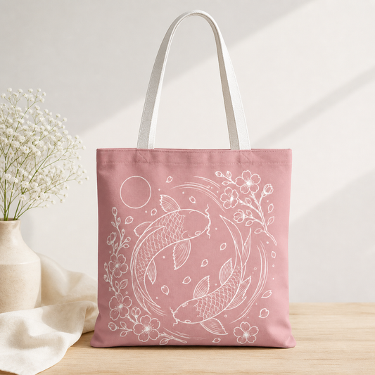 Pink tote bag with white koi fish design on a light wooden surface.