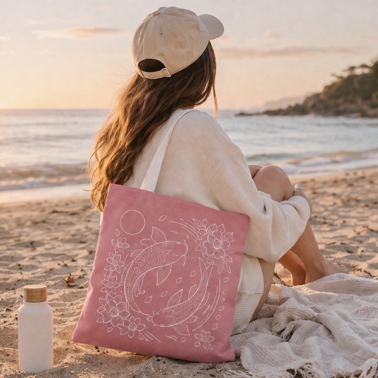 Woman sitting on a beach with a pink tote bag featuring a design, holding a water bottle.