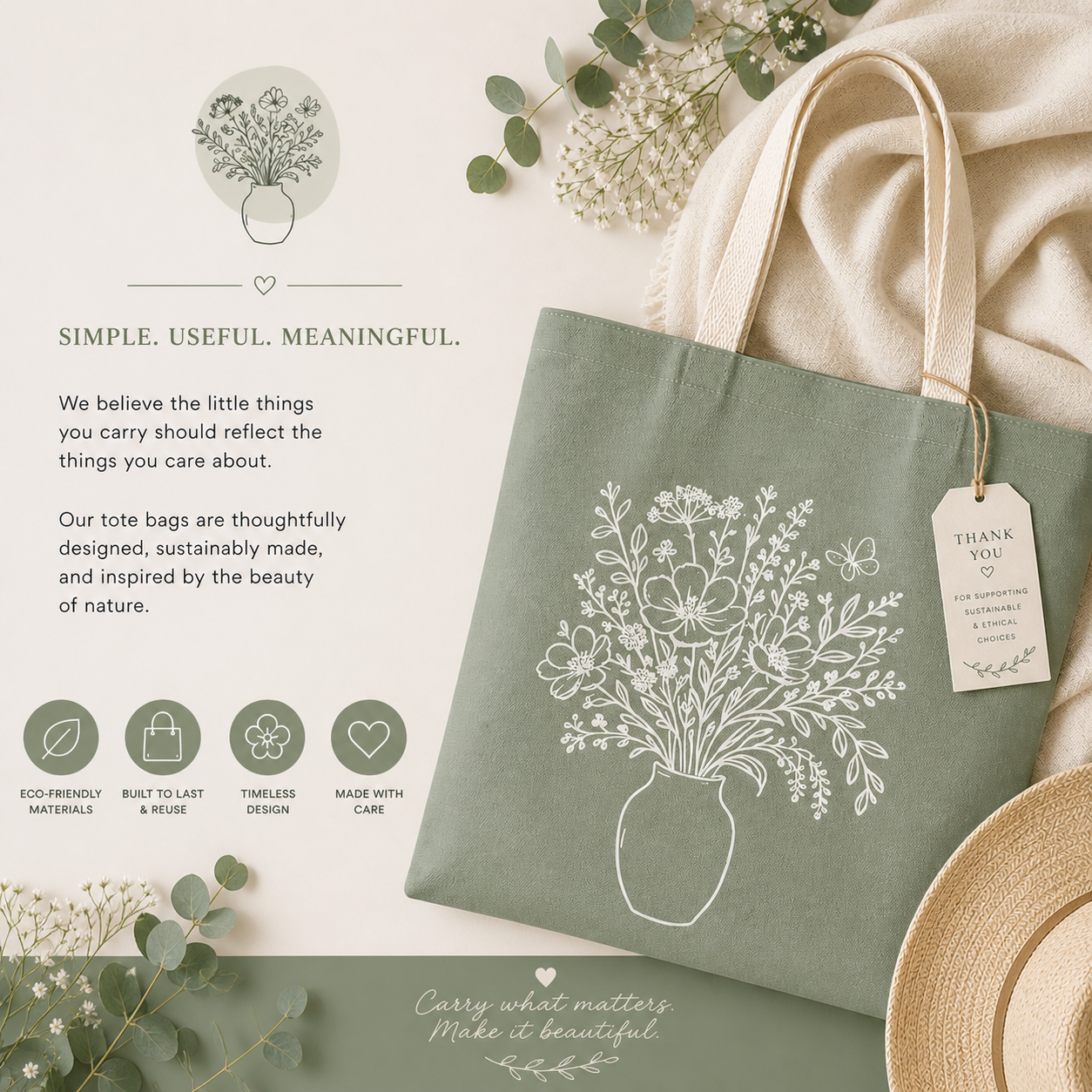 Green tote bag with floral design and tag, surrounded by greenery and a beige blanket.