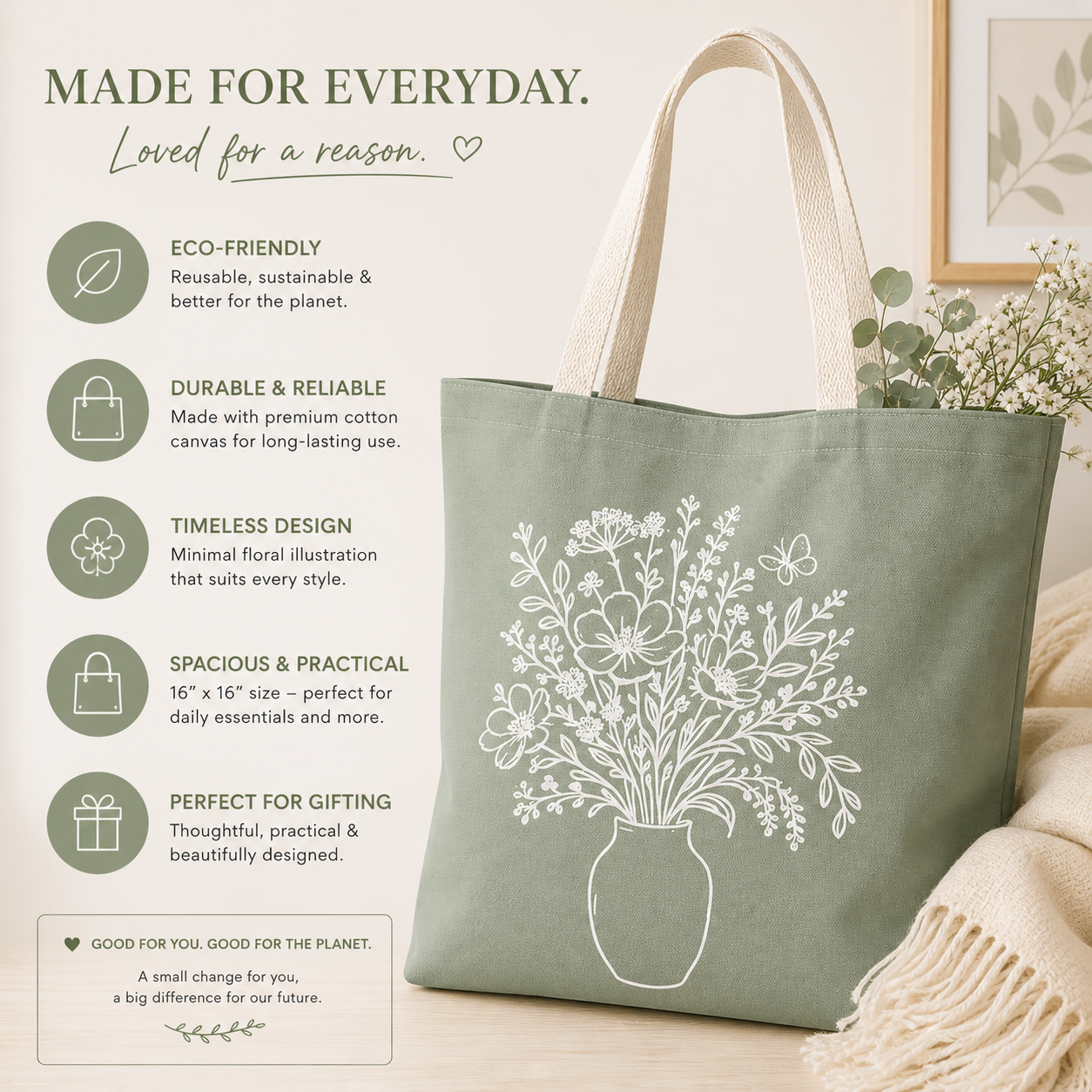 Green tote bag with floral design on a light background