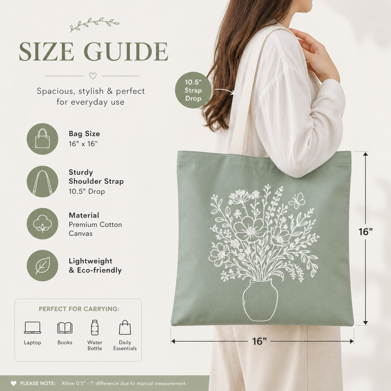 Tote bag with floral design and size guide on a white background