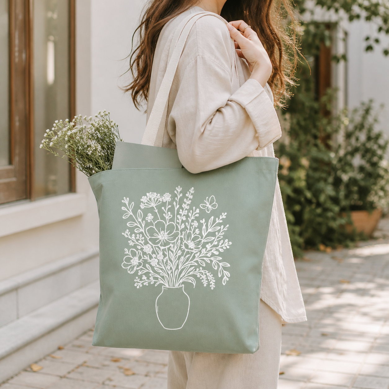 Person holding a green tote bag with floral design outdoors