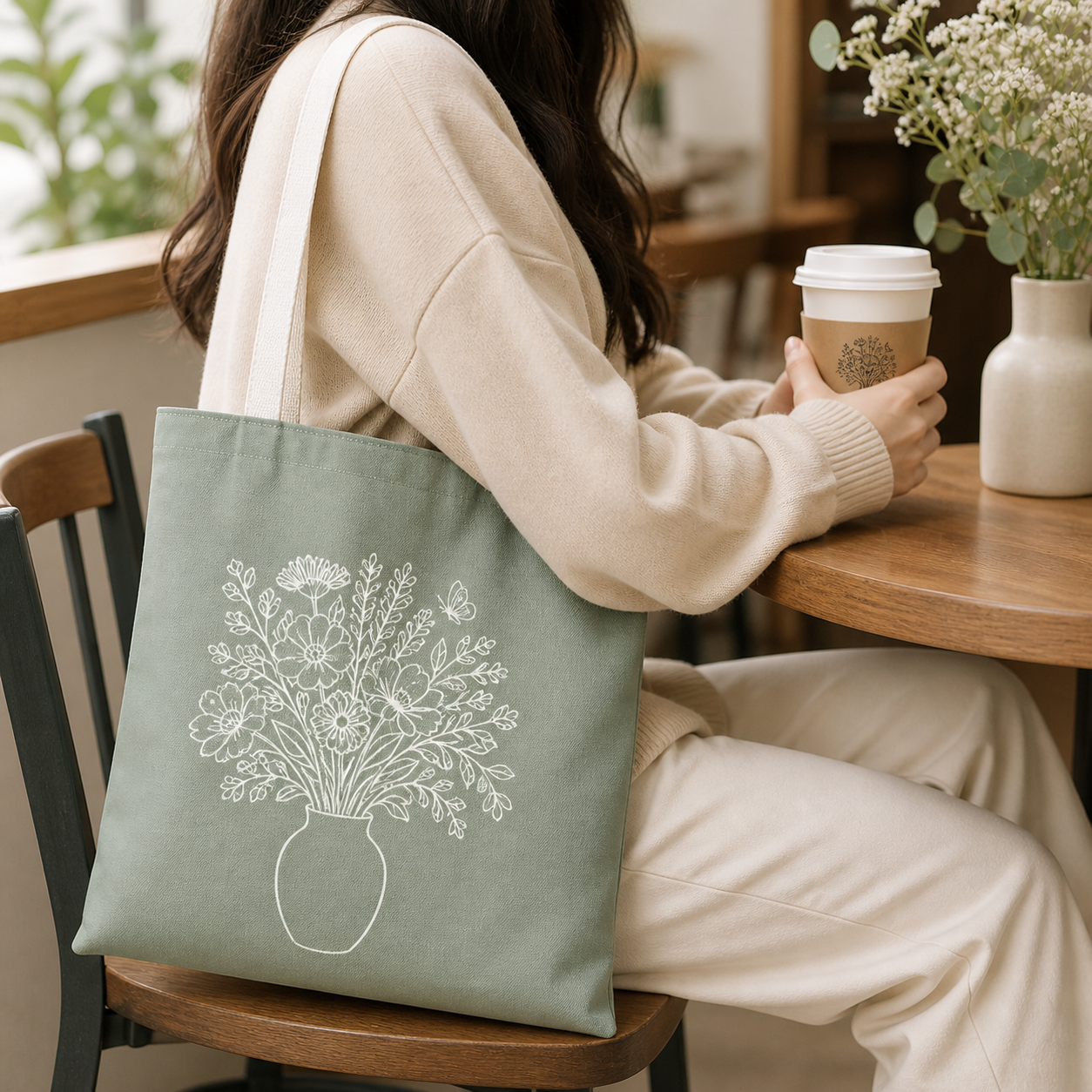 Person sitting at a table holding a coffee cup with a green tote bag featuring floral designs.