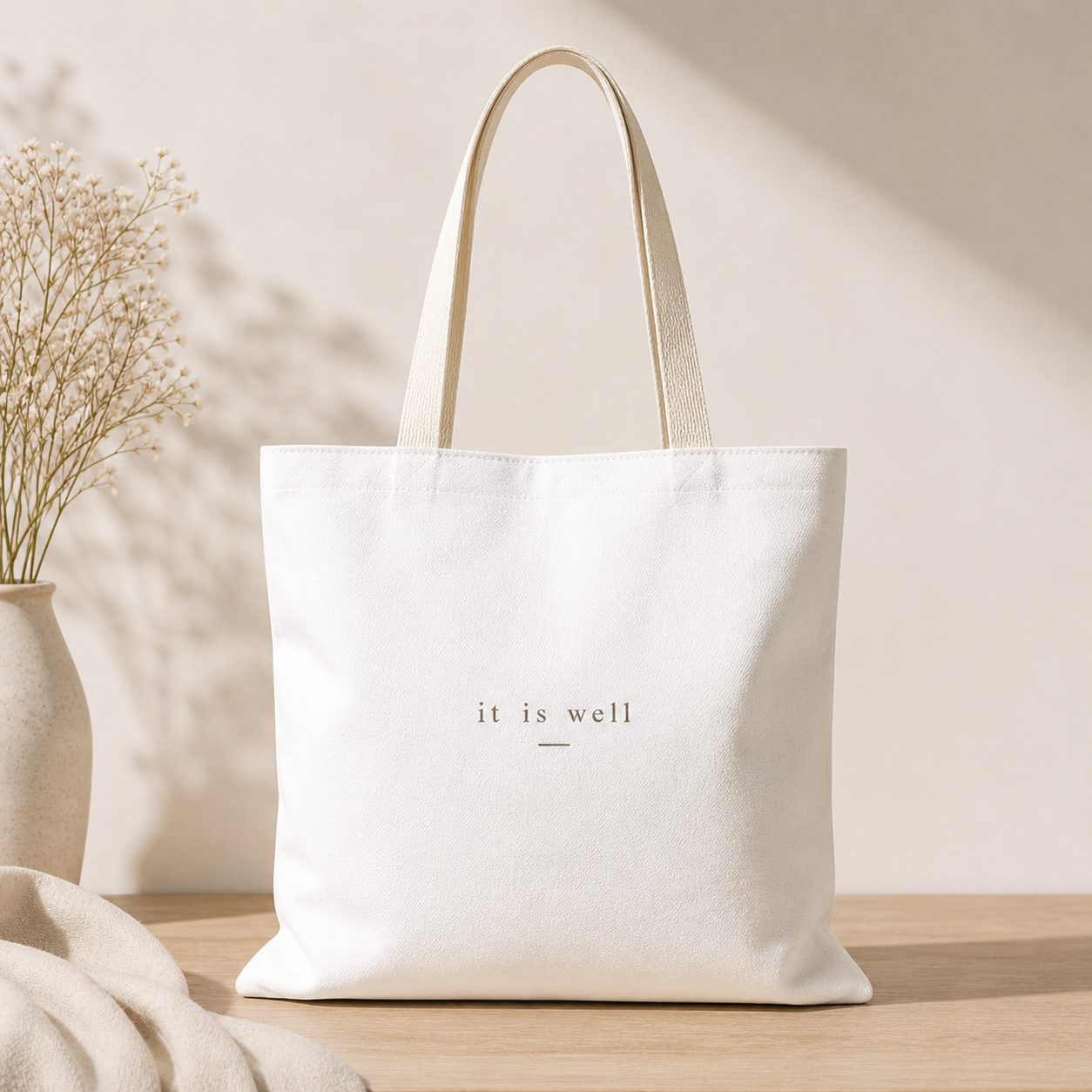 White tote bag with 'it is well' text on a wooden surface with a neutral background