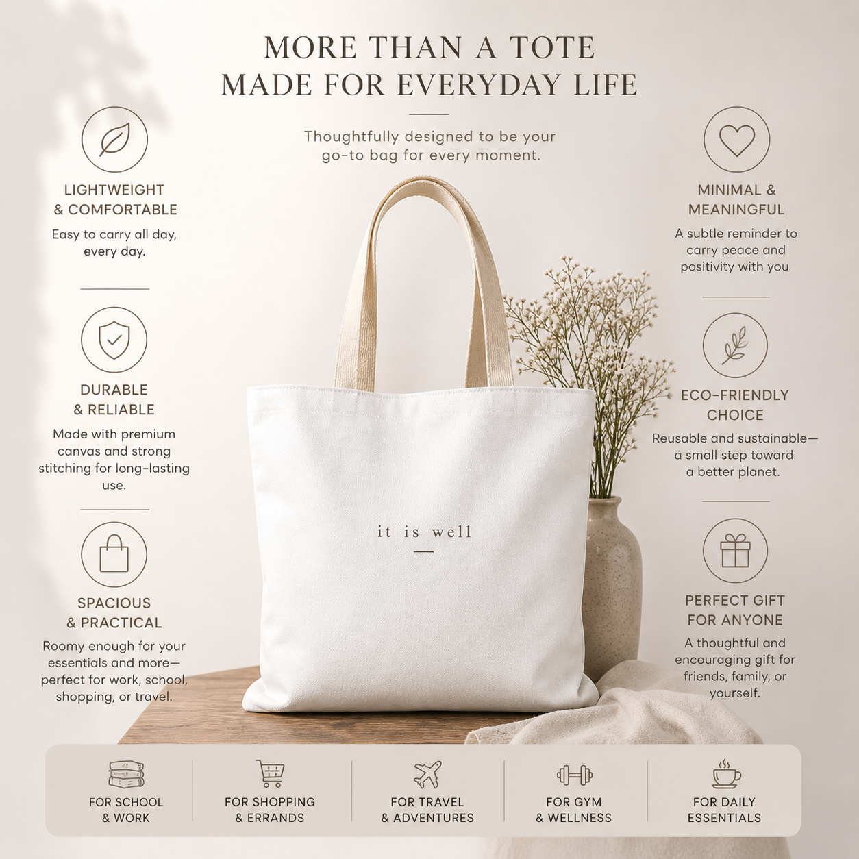 White tote bag with 'it is well' text on a light background with product features listed.