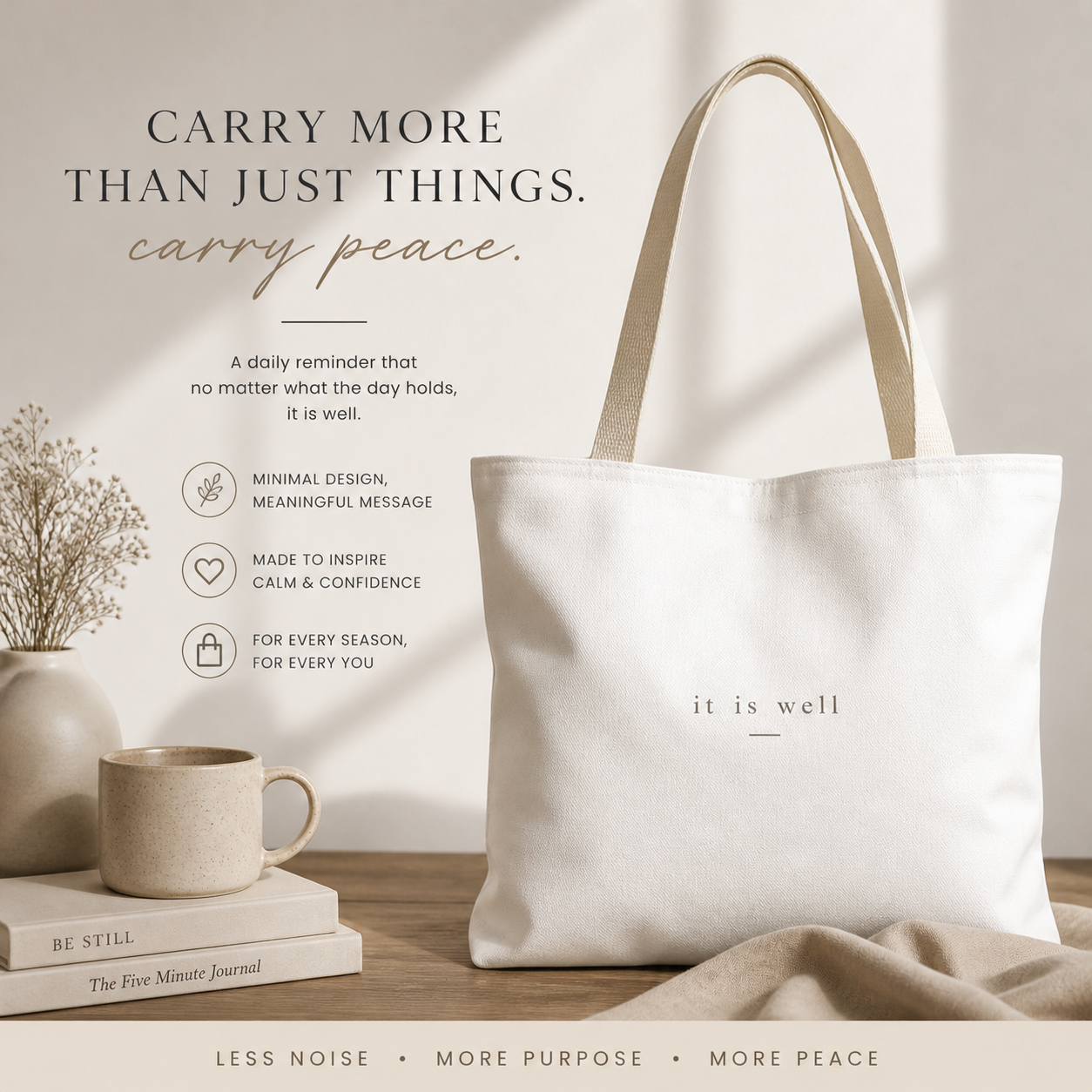 White tote bag with 'it is well' text, mug, and books on a neutral background