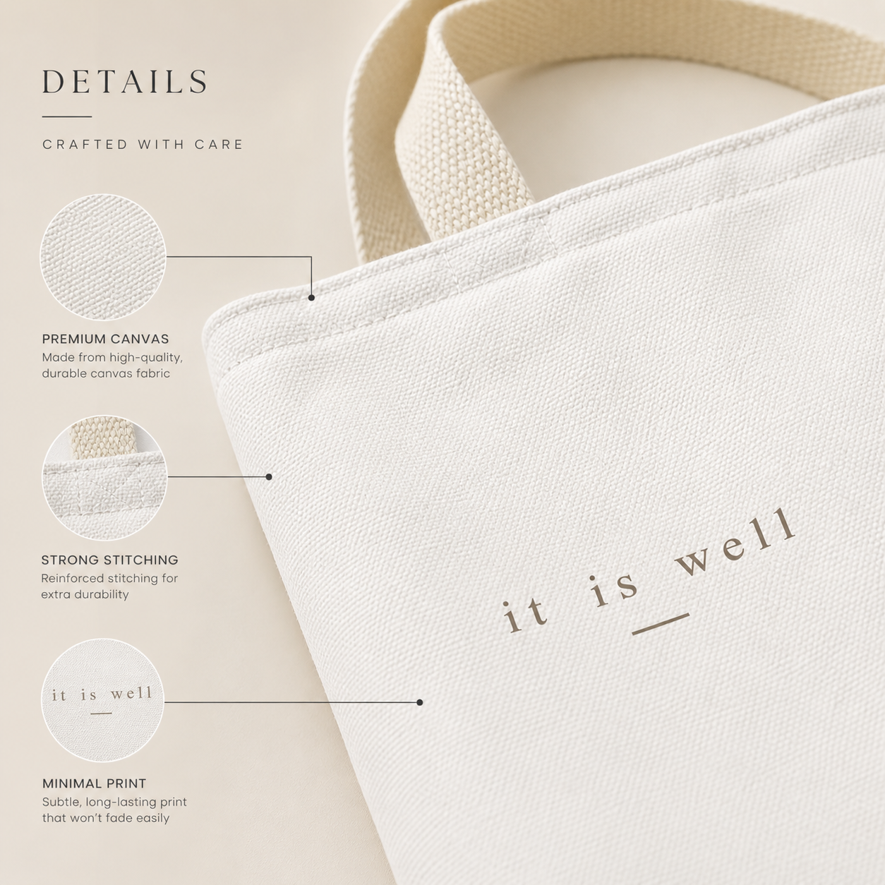White bag with 'it is well' text, featuring details about material and design on a light background.