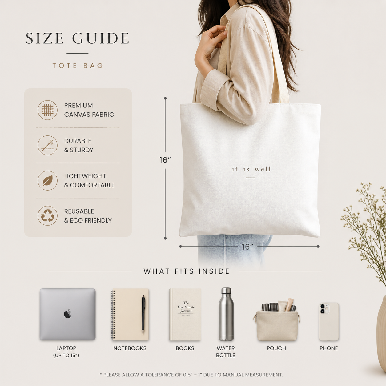 Tote bag size guide with dimensions and capacity details, featuring a person holding the bag.