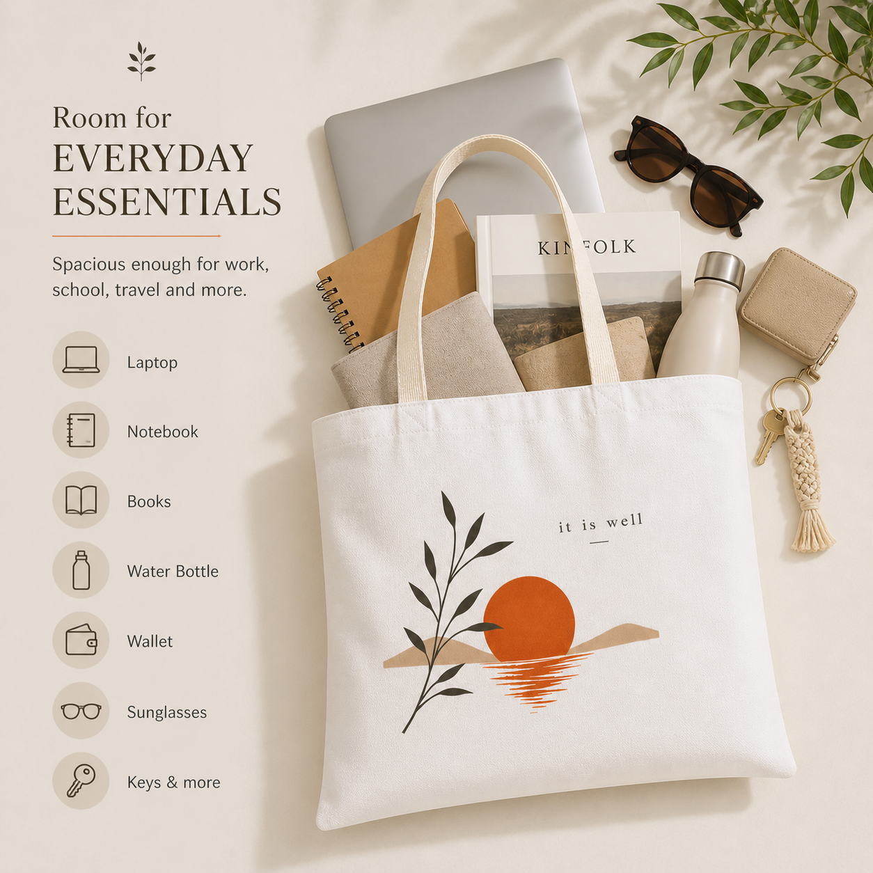 White tote bag with a sunset design, filled with everyday essentials on a light background.