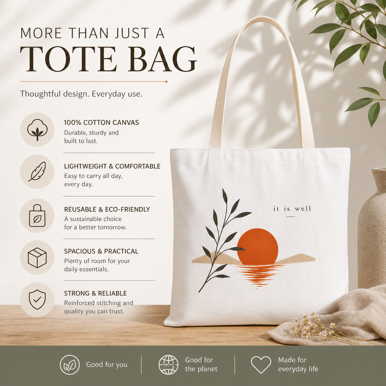 Tote bag with a design of a sun and leaves on a wooden surface with text about the bag's features.