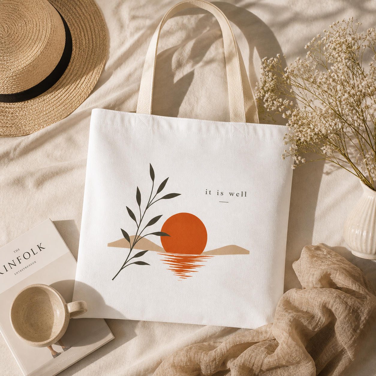 White tote bag with a sun and leaf design and 'it is well' text, placed on a light surface with a hat, mug, and book.