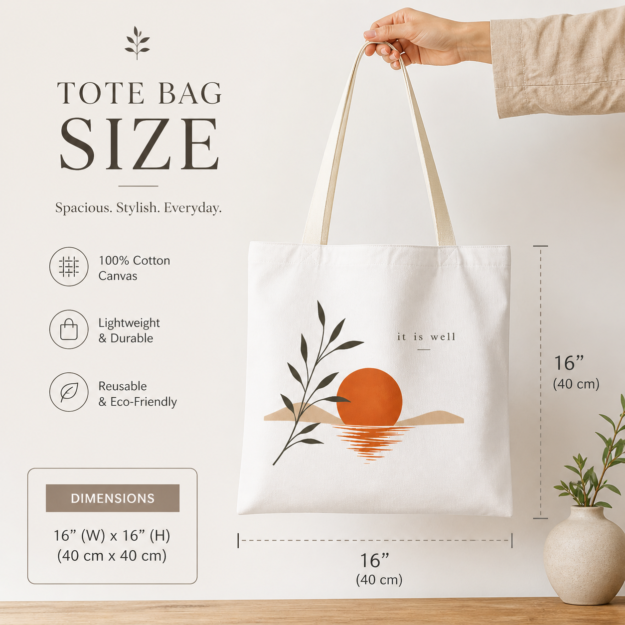 Tote bag with a design of a sunset and plants, held by a hand, with size and material information displayed.