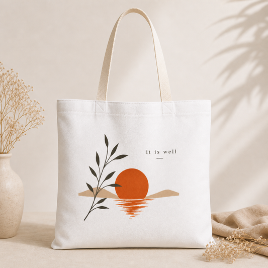 Tote bag with a sunset design and 'it is well' text on a neutral background