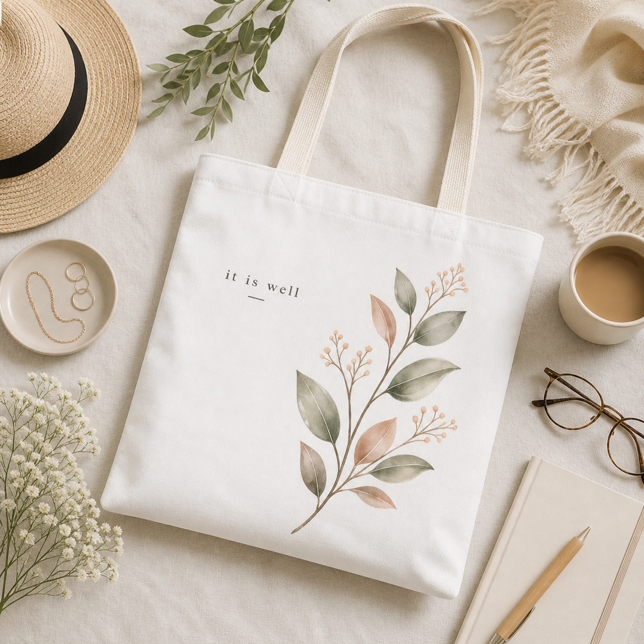 White tote bag with floral design and 'it is well' text on a light surface with accessories.
