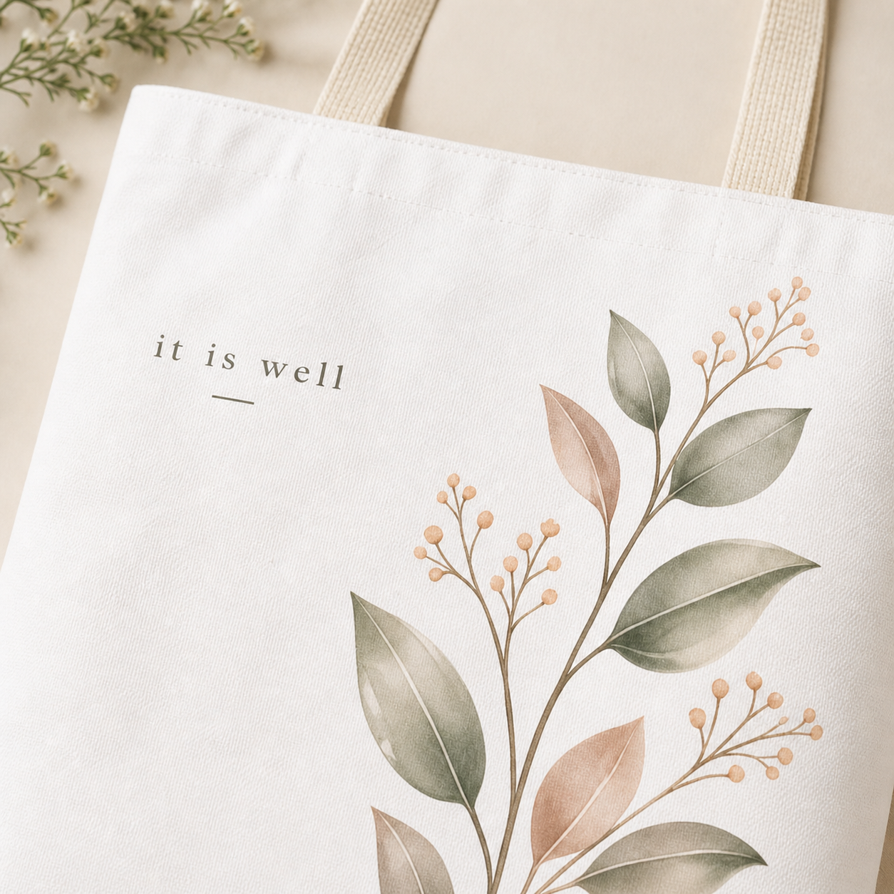 Tote bag with leaf design and 'it is well' text on a light background
