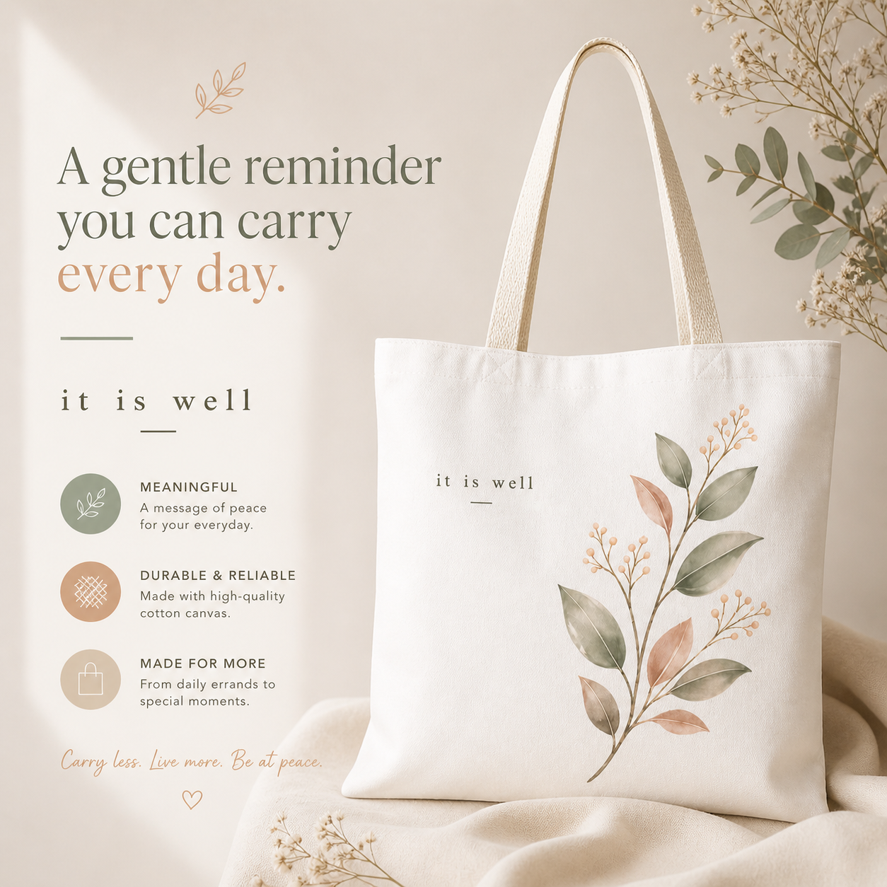 Tote bag with floral design and 'it is well' text on a neutral background
