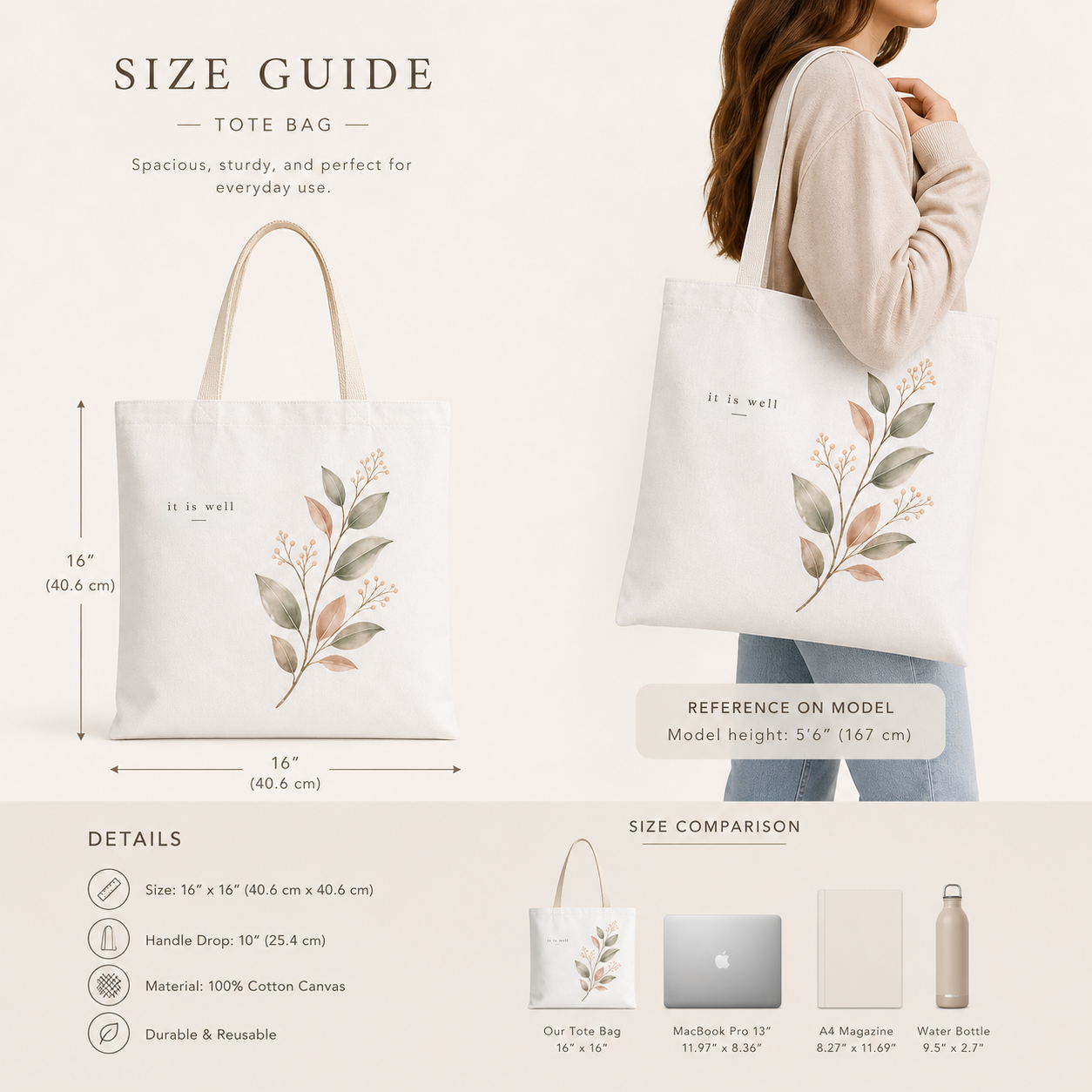 Tote bag with floral design, size guide, and reference on a model