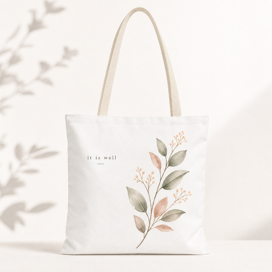 Tote bag with floral design and 'it is well' text on a white background