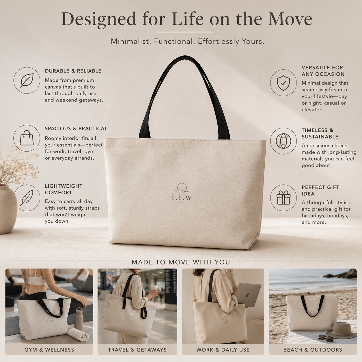 Beige tote bag with black handles on a light beige background, featuring text about its features and uses.