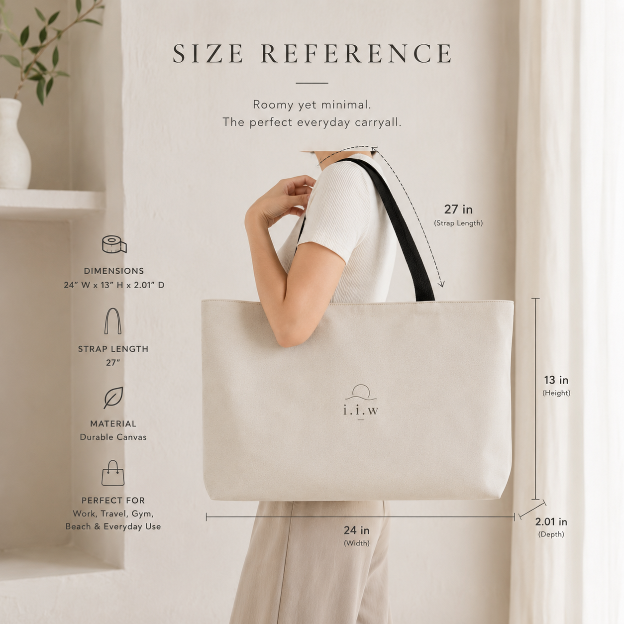Beige tote bag with size reference measurements and a person holding it.
