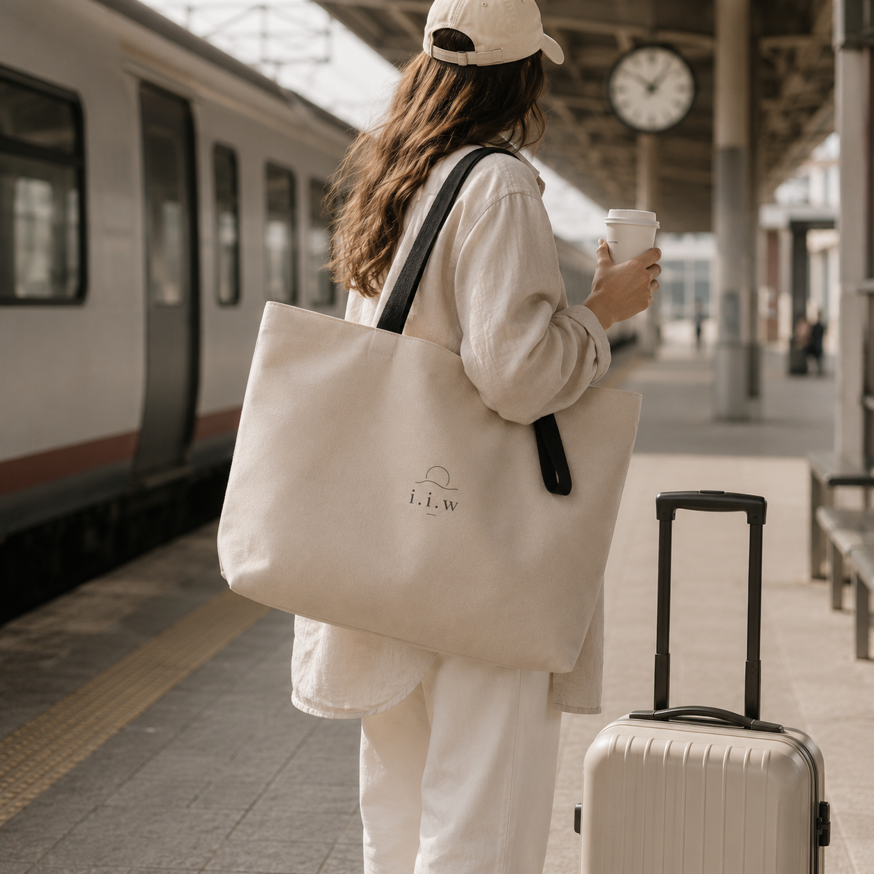 Person at a train station holding a tote bag and a suitcase, with a clock visible in the background.