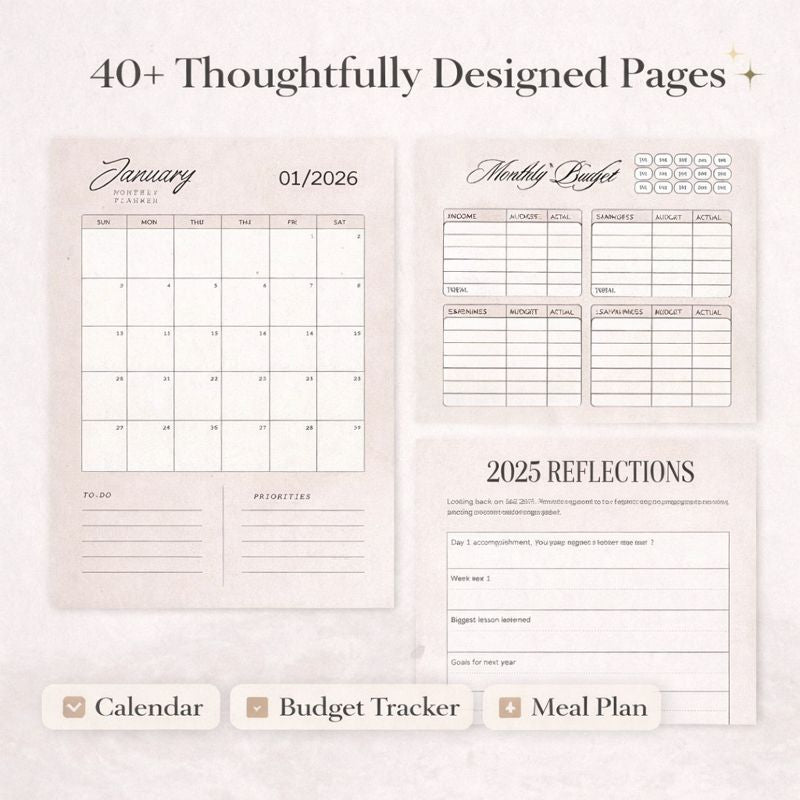 Planner with calendar, budget tracker, and meal plan sections on a white background.
