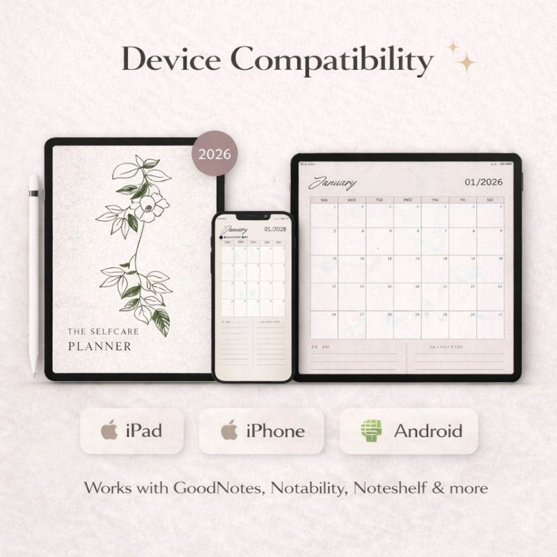 Device compatibility graphic for The Selecare Planner with tablet, smartphone, and calendar app on a light background.