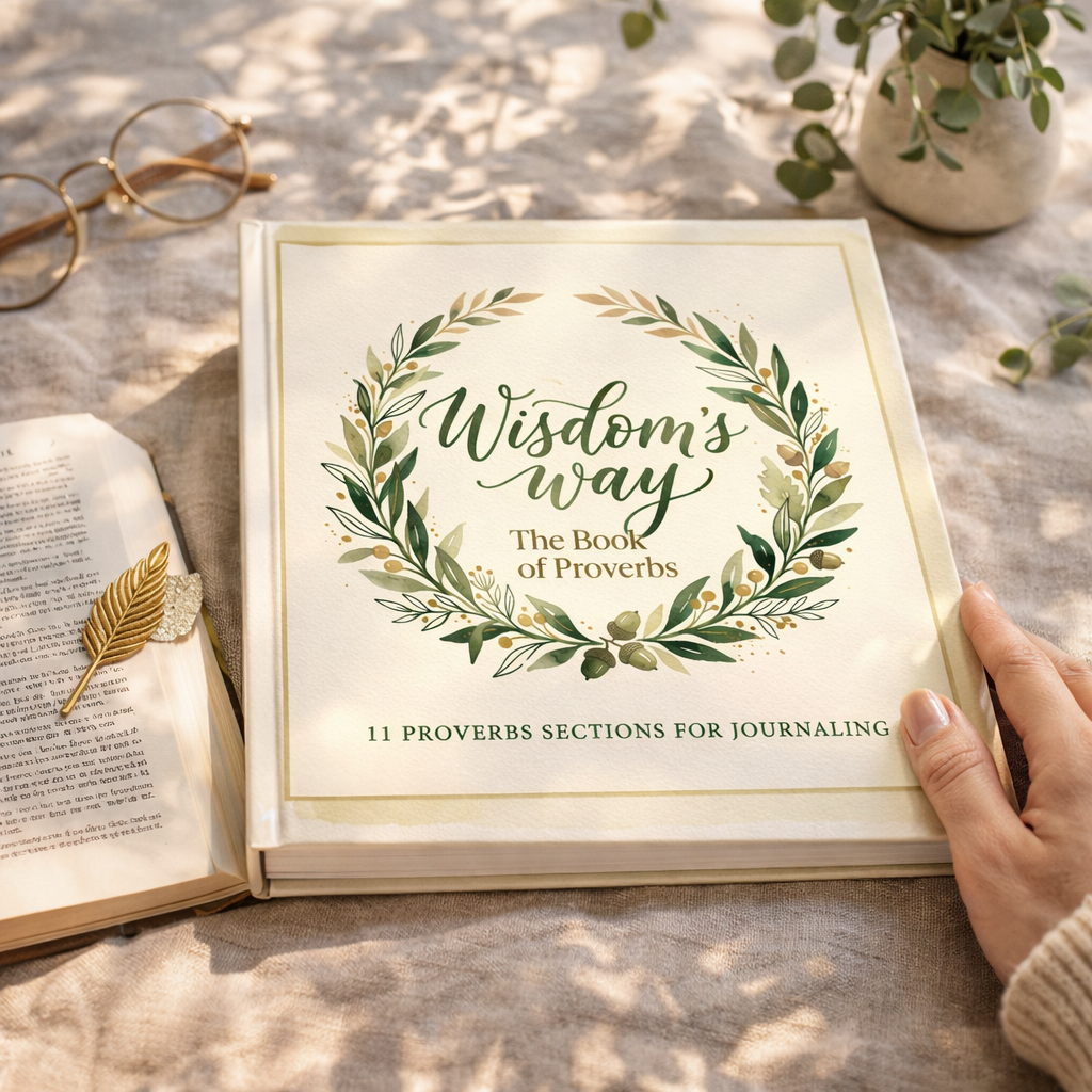 Open book titled 'Wisdom's Way: The Book of Proverbs' with a decorative cover on a wooden surface.