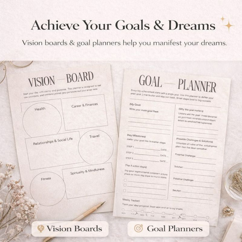 Vision board and goal planner sheets on a light background with decorative elements.