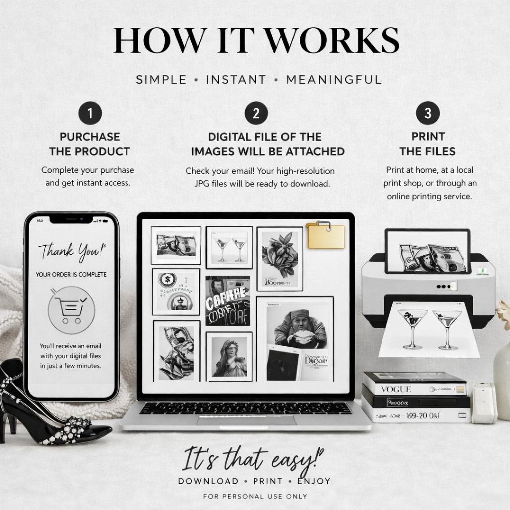 Step-by-step guide on how to use a digital product, displayed on a laptop screen with printed outputs.