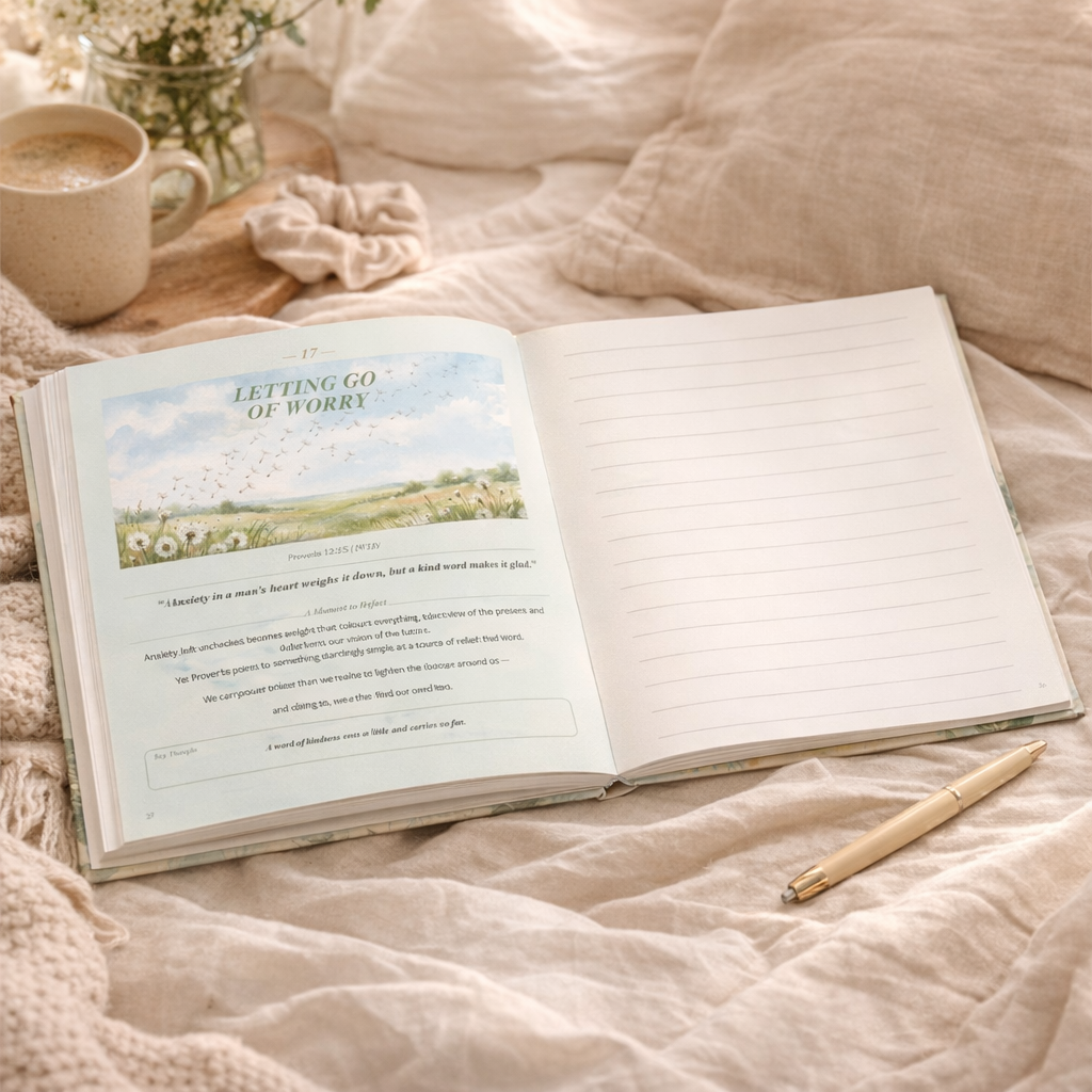 Open book on a bed with a pen and cup of coffee, featuring a scenic illustration and text.
