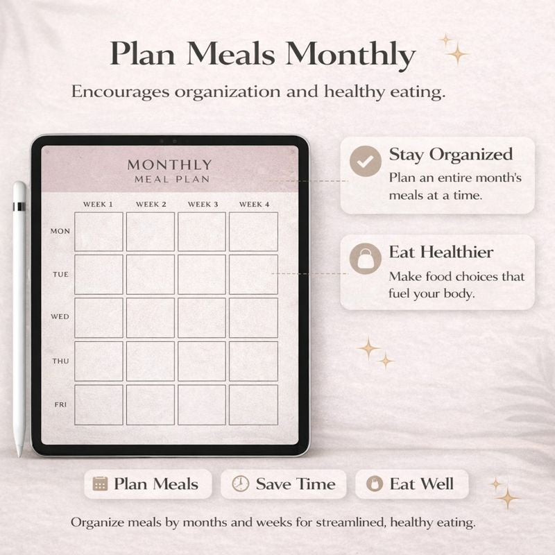 Digital tablet displaying a monthly meal plan with text about meal planning benefits on a light background.